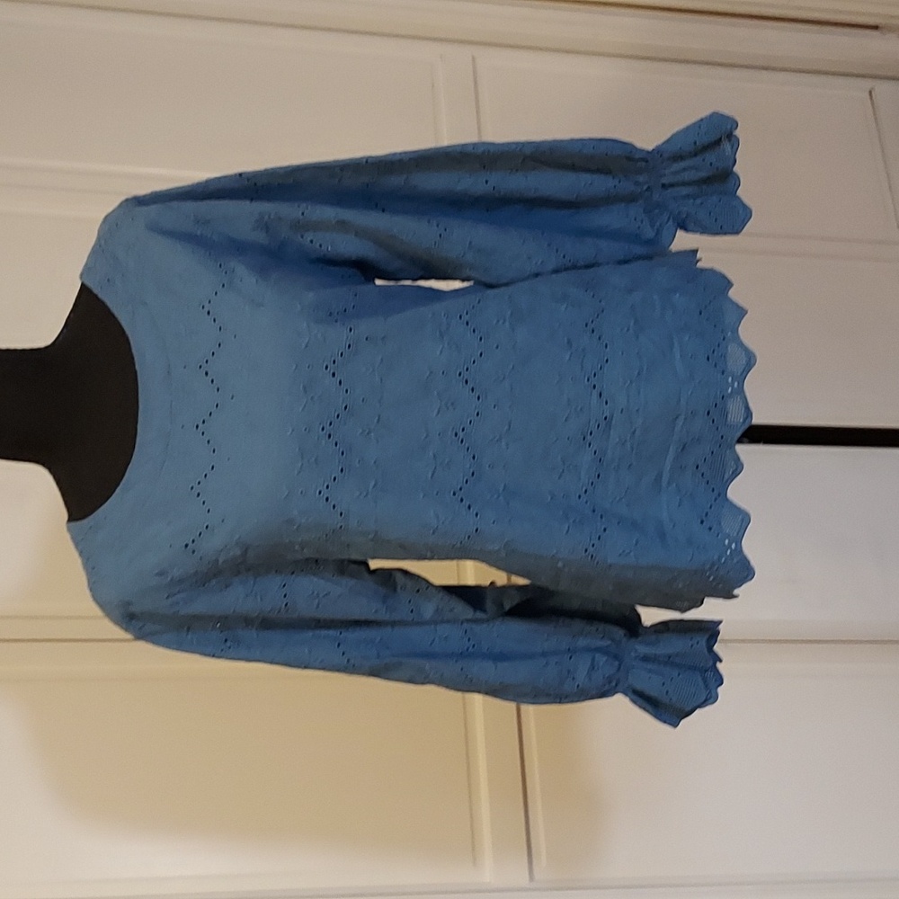 Blue Eyelet Peasant Blouse  Long Sleeve Ruffle Elastic Cuffs  Size L